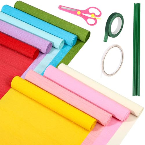 Draupnir 9 Rollen Krepppapier, 25 x 250 cm Krepppapier Bunt, Krepppapier mit Kabel Grünes, Blumenband, Doppelseitiges Klebeband und Schere, 9 Farben für Party, Hochzeit, Geburtstags Deko