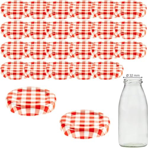 mikken 25 tapas TO43 4,5 cm para botella de cristal Twist-Off Tapa de repuesto tapa de rosca para botellas de leche y zumo, color rojo y blanco a cuadros