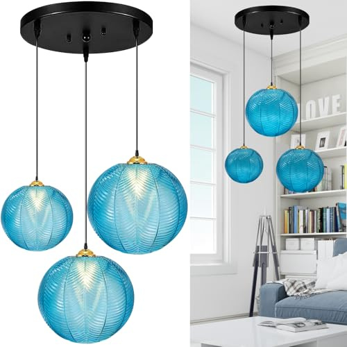 GCQ 3 IN 1 Grandi Lampade a Sospensione in Vetro, Blu E26 E27 Lampadario in VetroMid Century Moderno Lampadario a Coste in Vetro Soffiato Globe Shade Hanging Luce da Soffitto per Soggiorno Bar