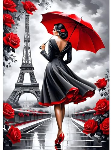 MXJSUA 5D DIY Lady in Red Paris Diamond Painting, DIY Diamond Painting Full Kit, Diamond Painting Craft Rhinestone Cross Stitch Painting for Adults, 30x40 cm