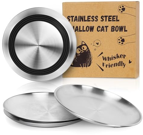 Supet kattenskål, kattenskålar mot skäggtrötthet, halkfria kattenskålar i rostfritt stål, 17 cm kattenskål platt, skäggvänliga kattenskålar för våt- och torrmat (4 st)