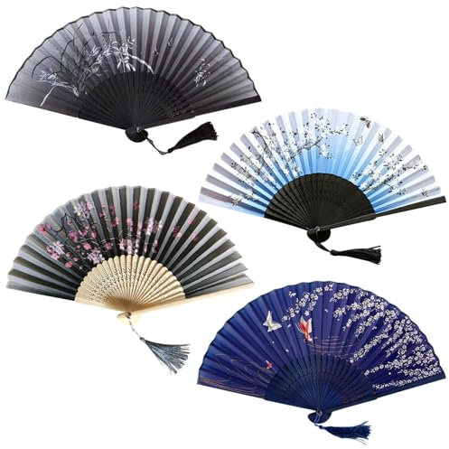 4 Piéces Éventails Pliants, Ventilateurs à Main Portables, avec Frange en Soie et Bambou Style Chinois, Fleur Main Fan pour Decoration Mariage, Fête Cadeau, Décoration Murale, Spectacle de danse