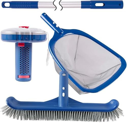 POOLAZA Pool-Reinigungsset für oberirdische und inerdische Pools, inklusive stabilem Pool-Bürstenkopf, ultrafeinem Netz, 140 cm verdickter Aluminium-Poolstange und langlebigem Poolschwimmer