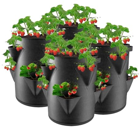 Flanliy Tour A Fraise, Sac De Plantation Fraise, Sacs en Pot Aux Fraises, 45 X 35 Cm avec 6 Poches LatéRales, RéUtilisable Feutre éPais pour Cour, Balcon, ExtéRieur (4)