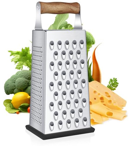 YC Kitchen Käsereibe, Reibe Edelstahl mit Holzgriff, Gemüsehobel, Reibe für gemüse, 4-seitig Vierkantreibe & Küchenreibe,Praktische Gadgets für die Küche