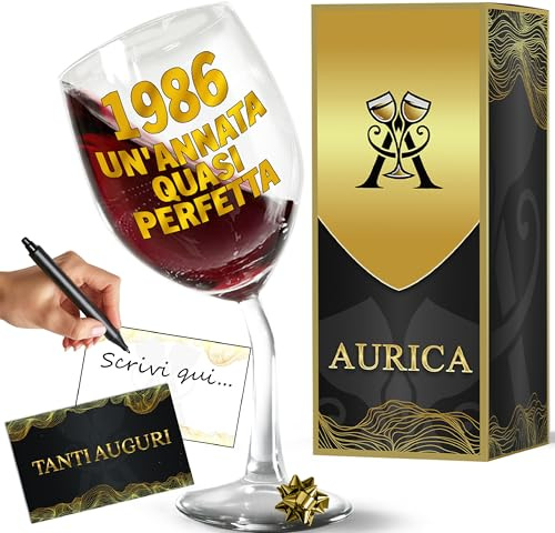 Aurìca Calice Vino Personalizzato 40 Anni - Regala Un Bicchiere Piegato Elegante E Simpatico Per Compleanno Uomo E Donna con Scatola Regalo Inclusa! Un Brindisi Originale 1986 Un’Annata Quasi Perfetta
