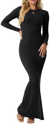 IWOLLENCE Abito Bodycon da Donna Maniche Lunghe Maxi Elegante Abito Figurato Costine Girocollo Abito Lungo Stretto Abito Sexy da Donna Maxi, Nero , L