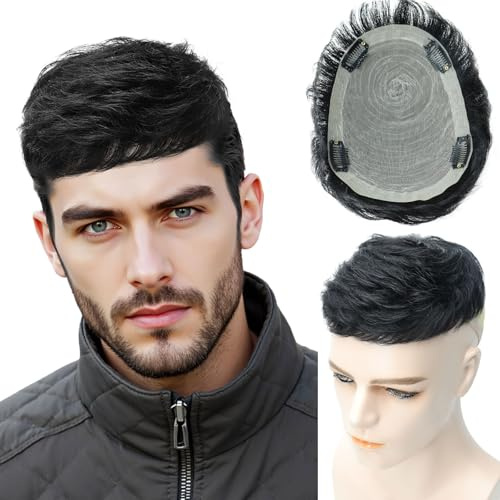 VividCrown Toupee for Men Human Hair Menās Black Wig Short Straight Fluffy Realistic Hair Wig Thin Skin Daily Party Costume Wigs for Male Guy (Black)
