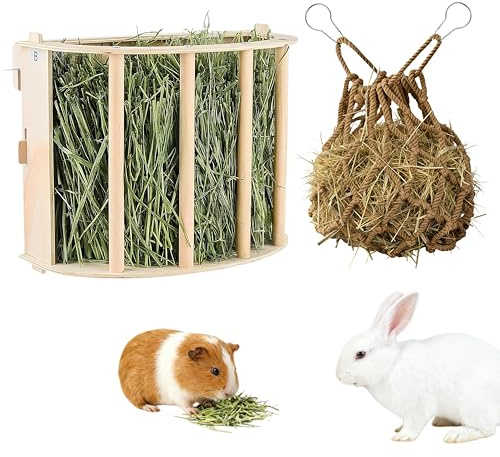 2 en 1 comedero de heno de madera y red de alimentación, accesorios para jaula de conejos con dispensador de comida de heno y red de heno colgante para conejos, cobayas, chinchilla, aves de corral
