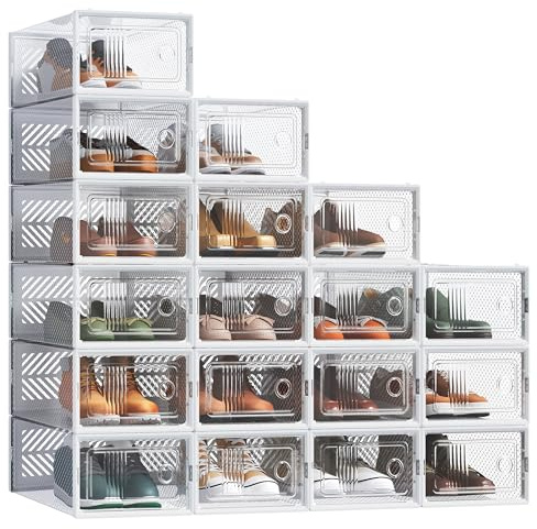 SONGMICS Schuhboxen, 18er Set, Aufbewahrungsbox für Schuhe, robust, faltbar und stapelbar, für Schuhe bis Größe 43, Sportschuhe, High Heels, flache Schuhe, transparent-weiß LSP106W18V2