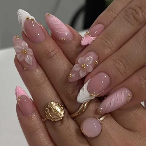 24PCS Stick on Nails - Press on Nails Almond - Medium Length False Nails with Glue - 12 Sizes Fake Nails with Flower Pattern - Elegant Full Cover Stiletto Glue on Nails for Women Daily Decorations