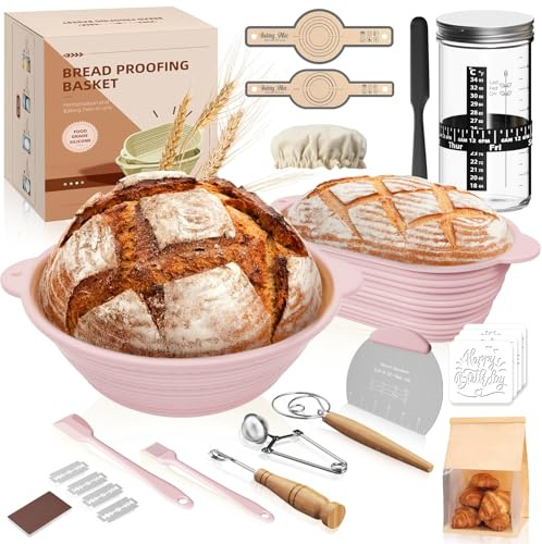 12 Pezzi Cestino da Lievitazione per Pane, 2 Cestini Pieghevoli in Silicone (29 cm Ovale & 28 cm Rotondo), Barattolo 730 ml, Set Accessori per Cottura – per Panettieri Domestici e Professionisti