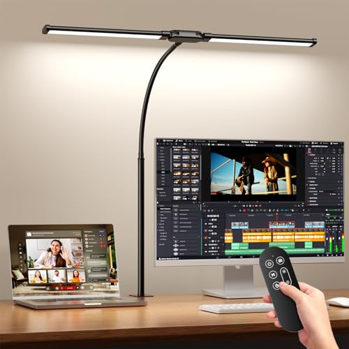 SKYLEO Lampada da Scrivania LED - Doppia Testa con Telecomando e Controllo Touch - Protezione degli Occhi - 12 W, 5 Modalità di Colore, Funzione Timer e Memoria, Collo di Cigno Flessibile - per Home