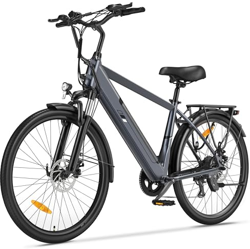 Touroll J2 Vélo électrique Homme Femme 26 Pouces, Autonomie 100KM, Moteur 45Nm, Batterie Amovible 561,6Wh, 7 Vitesses, Vélo électrique Urbain pour trajets Quotidiens, Vélo Électrique Adulte (Gris)