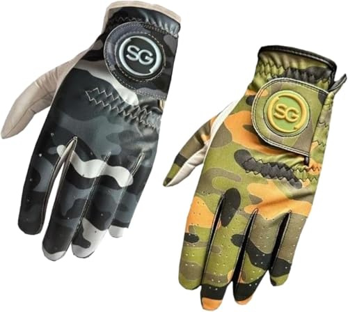 SAGE GEAR SG Lot de 2 gants de golf pour homme Motif camouflage Paume en cuir Cabretta blanc, pour toutes les conditions météorologiques – Pour golfeur droitier, vert et gris (XL)