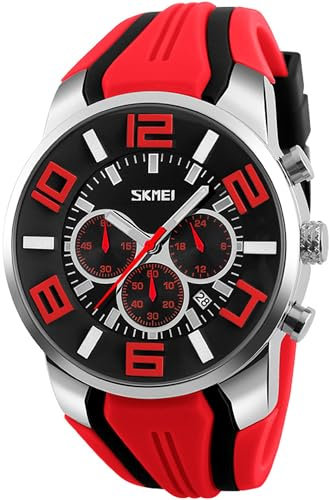 findtime Herrenuhr Sport Jungenuhr Chronograph Militär Armbanduhr Männer Coole Analog Quarz Rot