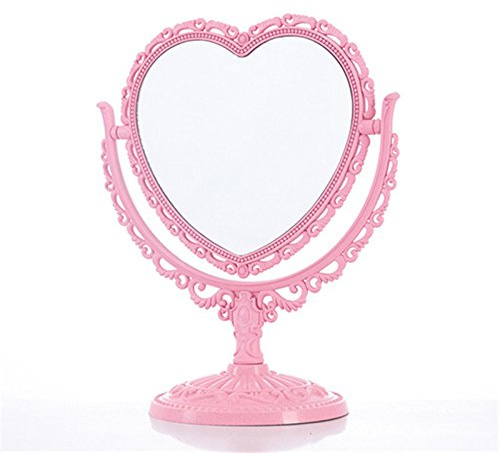 Bluelover Sminkspegel, 2 sidor, roterande kosmetiskt stativ, bord, plast, byrå, hjärtformade speglar, kosmetiskt verktyg – rosa