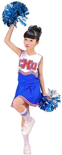 LOLANTA Mädchen rot & blau Cheerleader Kostüm befestigen Pom Poms Socken, Kinder Cheer Outfit Karneval Kostüm, Blau, 8-9 Jahre, 140