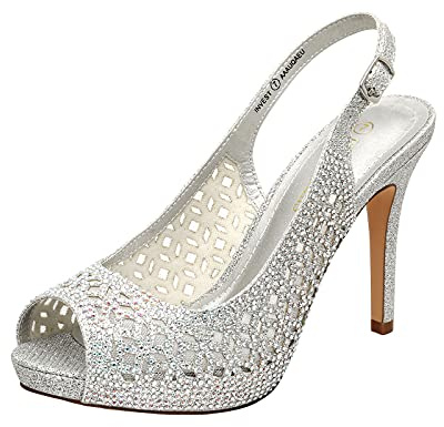 DREAM PAIRS Women's High Heels Platform Dress Rhinestones Peep Toe Pumps Shoes,Size 11,Silver/Glitter,Invest