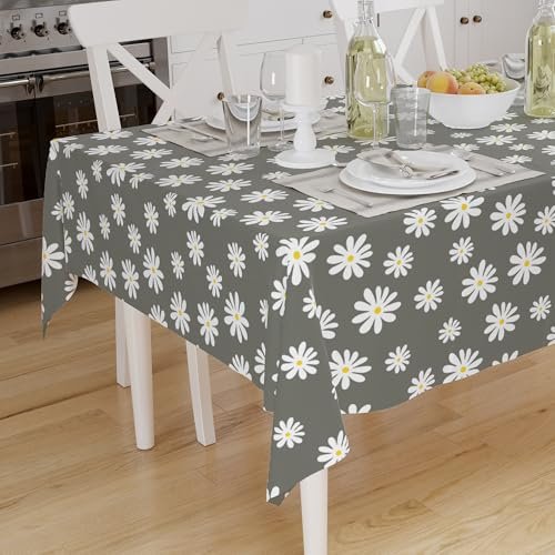 Encasa XO Printed Tablecloth 140x230 cm for 6 to 8 seater Dining Table of length upto Rectangular, 100% Cotton, Machine Washable, Durable, Rectangular, for Home, Restaurant, Banquet - Daisy Grey