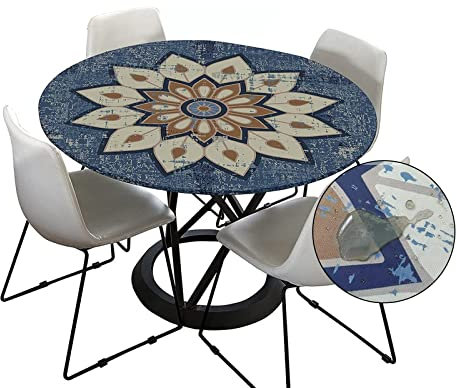 Morbuy Tischdecke Elastisch, Mandala Drucken Rund Tischdecken Wasserdicht Lotuseffekt Abwaschbar Abwischbar Tischtuch für Dekoration Küchentisch Garten Outdoor (90cm,Blau grau)