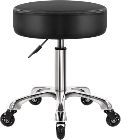 WKWKER Heavy Duty Rollhocker mit Rädern Hydraulischer Drehgelenk Verstellbarer Rollhocker Ergonomisch Dickes Leder Sitzhocker Stuhl für Küche Zeichnen Labor Büro Salon Nachricht Hocker - Schwarz