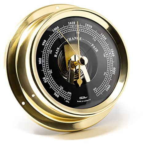 Fischer 1508B-45.6 - Barómetro interior marítimo - Medidor de presión de 125 mm, esfera negra, carcasa de latón fabricado en Alemania