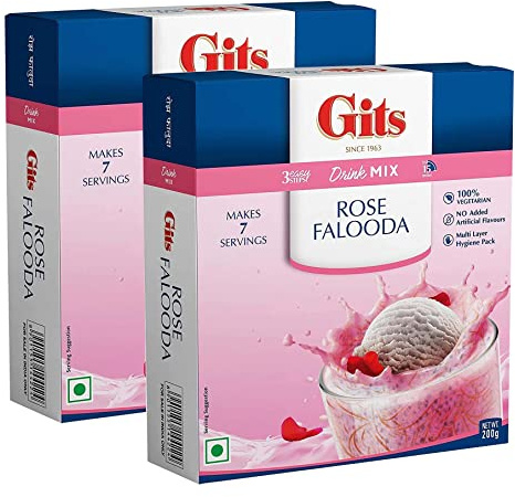 Gits Falooda Mix Rose Drink Mix 200g - Delicious Beverage-Cum-Dessert with Vermicelli, Sweet Basil (Sabja Seeds) and Rose Flavour - Ready in 3 Easy Steps Drink Mix – Makes 7 Servings (Pack of 2)