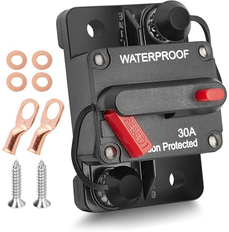 RED WOLF 30 Amp Circuit Breaker with Wire Lugs Copper Washer Waterproof Inline Fuse Holder Inverter with Manual Reset Waterproof for Car Truck Bus RV Boat Marine Vehicle 12V-48V DC