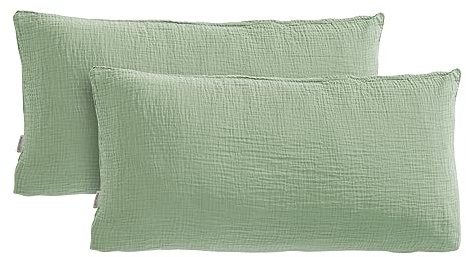 Pure Label Musselin Kissenbezug 40x80 2er Set aus 100% Baumwolle - Traumhaft weiche, kuschelige Musselin Kissenbezug-Set in grün