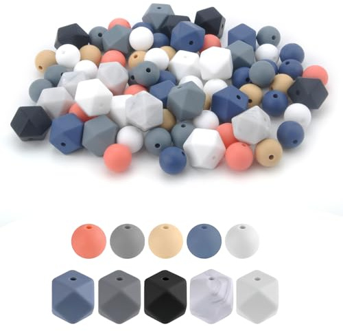 75 Pezzi Perline in Silicone Perline in Silicone per Creare Gioielli Perline Tonde in Gomma Perline Poligonali Set per Collane e Braccialetti Fai da Te