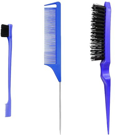 3 Pieces Hair Styling Comb Set, Double Sided Edges Brush, Teasing Hair Brush Rat Tail Comb, Plastic Bristle Hair Brush, Edge Control Brush, for Home, Hairdressers(Blue)
