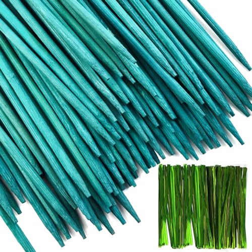 TIHOOD 100PCS 18 Wooden Garden Stakes with 100PCS 4 Garden Ties, Green Bamboo Sticks, Floral Plant Support, Tomato Stakes