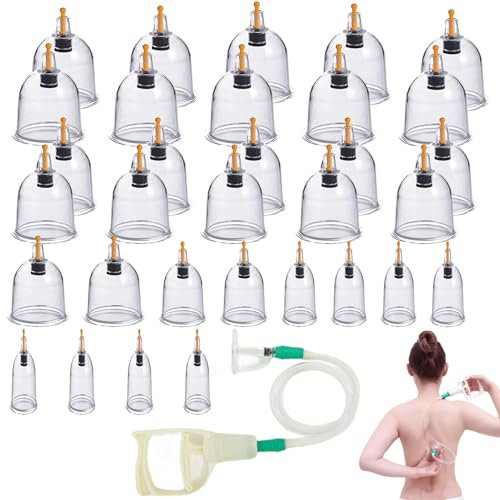Lot de 32 ventouses en verre pour thérapie traditionnelle chinoise et massage avec pompe à vide et tube d'extension (sans huile)