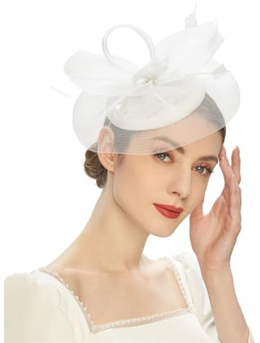 HIQIU Fascinators Hut für Damen Blume Mesh Federn Tüll Bräute Kopfschmuck Haarschmuck mit Stirnband und Clip für Cocktail Tea Party Hochzeit Kirche (DE/NL/SE/PL, Alphanumerisch, Einheitsgröße, Weiß)