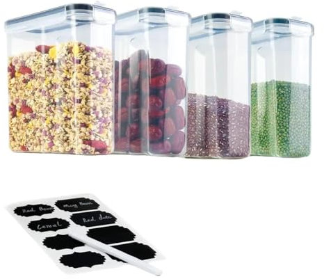 VegiMax Airtight Food Storage Containers, Set of 4, 2500ml, BPA-Free Plastic, for Flour, Sugar and Baking Supplies, with Labels, Black Lids, Transparent Containers