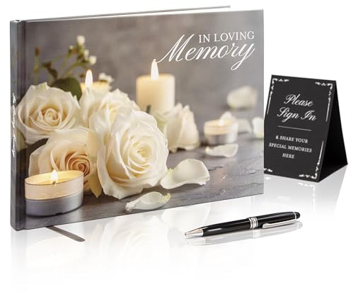 Modern Album Designs Rose Hardcover Funeral Guest Book - 9.5 x 7 Celebration of Life Guestbook for Memorial Service with 5x7 Paper Sign, Pen, Black Photo Corner Stickers