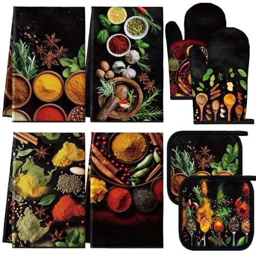 Teenyyou 8 Pcs Colorful Spices Kitchen Towels Pot Holders and Oven Mitt Set 4 Cooking Herb Dish Towels 2 Rustic Absorbent Square Potholders 2 Heat Resistant Glove for Cooking Baking Home Gifting