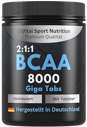 BCAA 8000 Giga Tabs - 365 vegane Tabletten, hochdosiert mit 8000mg BCAA pro Tag - im optimalen Verhältnis 2:1:1 - Aminosäuren Komplex aus Leucin, Isoleucin & Valin - laborgeprüft