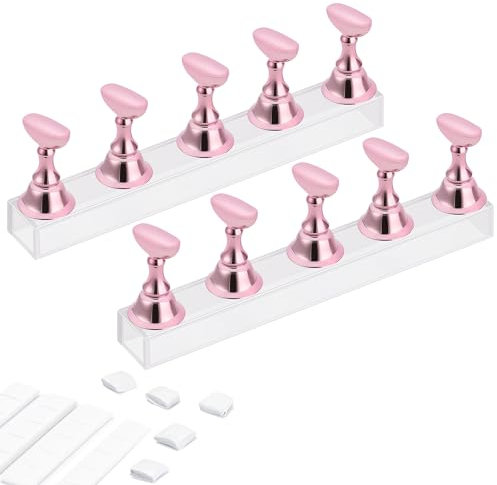 Acrylic Nail Display Stand DIY Nail Crystal Holder Magnetic Practice Stands with Reusable Adhesive Putty Clay for False Nail Tip Manicure Tool (Pink)