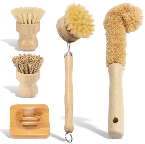 harupink Juego de 5 cepillos de bambú con cerdas Naturales, de Cocina de bambú sostenible, Juego de cepillos de Cocina Multiusos para Platos, ollas, sartenes, fregaderos de Cocina