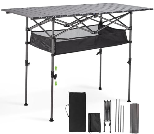 Warmiehomy Folding Camping Table, Adjustable Height Portable Picnic Table with Storage Bag for Outdoor Camping, Beach, Backyard, BBQ, Party, Patio, Picnic, Sliver Gray,95x56x80cm