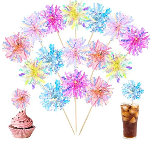50Pcs Cute Happy Birthday Cupcake Toppers, Foil Firework Birthday Cake Toppers for Party, Sparkly Star Tinsel Cakes Topper for Happy Birthdays Cake Decoration Party Supplies
