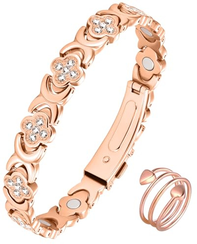 Jeracol Pulsera magnética para mujer con diseño de trébol de la suerte, longitud ajustable con herramienta de tamaño en caja de regalo (oro rosa)