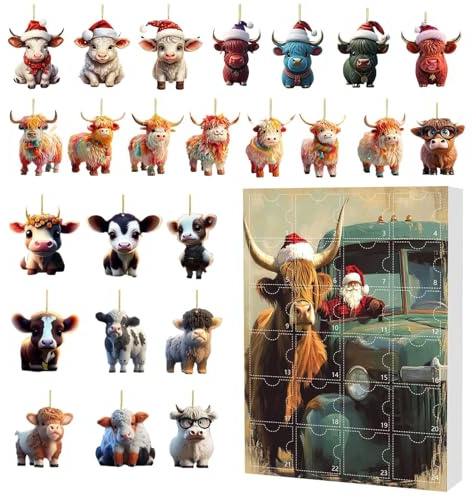 Highland Cow jul adventskalender | 24 dagar nedräkningskalender julkoprydnader - 2D akryl ornament platt djur nötkreatur för träd backspegel bil vägg