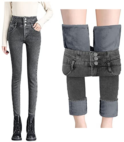 Jeans termici da donna skinny – Pantaloni invernali con interno in pile a vita alta, pantaloni termici, con calda imbottitura, leggings termici, dritti in denim