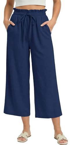 Husmeu Pantalon Femme en Coton Lin 3/4 Pantalon Palazzo Capri Femme Taille Élastique avec Volants Léger et Respirant Poches Bleu Foncé XXL