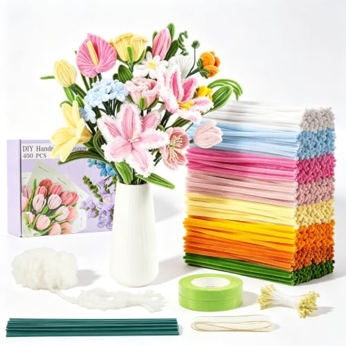 400 Pcs Pipe Cleaners Craft, 8 Assorted Colors Pipe Cleaners Bulk | Chenille Stems for DIY Flower Making Kit with Floral Wires, Gardening Tape,Stamen& Ribbon(Yellow Series)