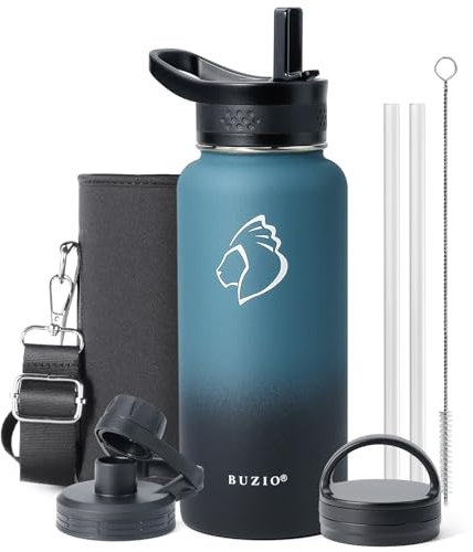 Stainless Steel Water Bottle with Straw, BUZIO Insulated Water Bottle 1L Spout Lid Hand Lid and Carrying Pouch Double Wall Leakproof BPA Free Water Falsk Travel Thermo Bottle, Indigo Crush