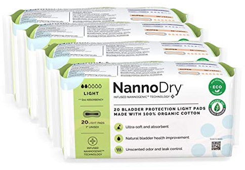 NannoDry Natural Incontinence Pads - Organic Cotton Bladder Leakage Pads - Nannocare Pads for Incontinent Adults - 20 Light Pads (20 Count (Pack of 4) - 7 Long for Light Leaks
